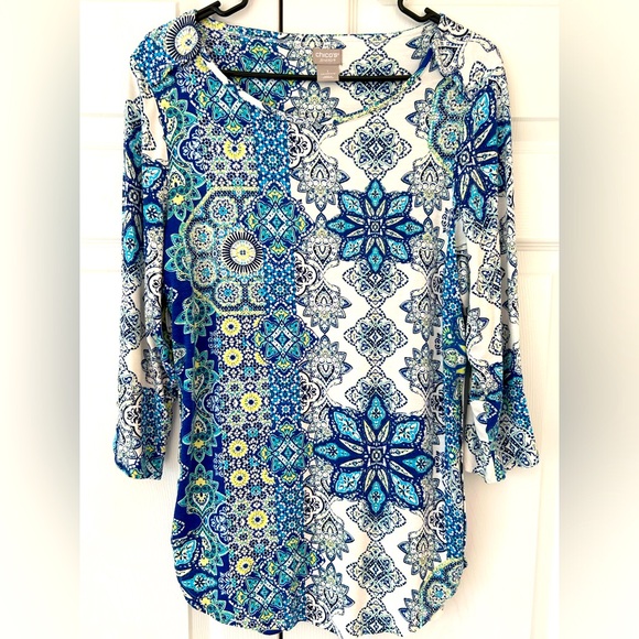 NWOT Chico’s Zenergy Women’s Blue Floral Print 3/4 Sleeve Shirt Blouse Top Sz 1 - Picture 1 of 9